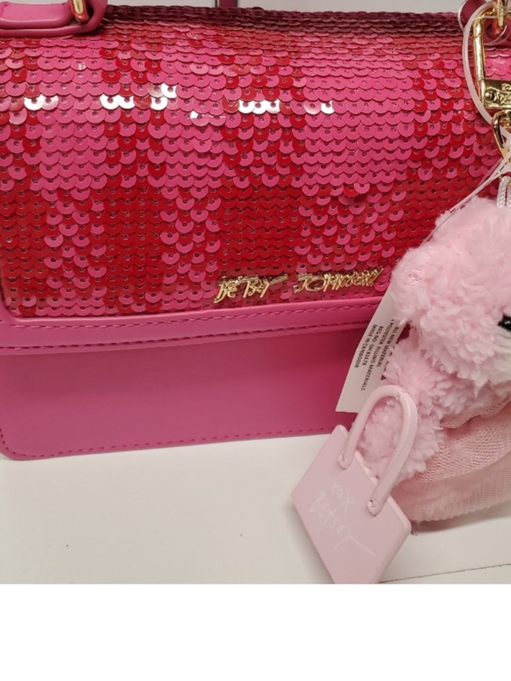 BETSEY Johnson MYLO PINK SEQUIN satchel CROSSBODY BAG pink teddy BEAR bag CHARM - Picture 3 of 13